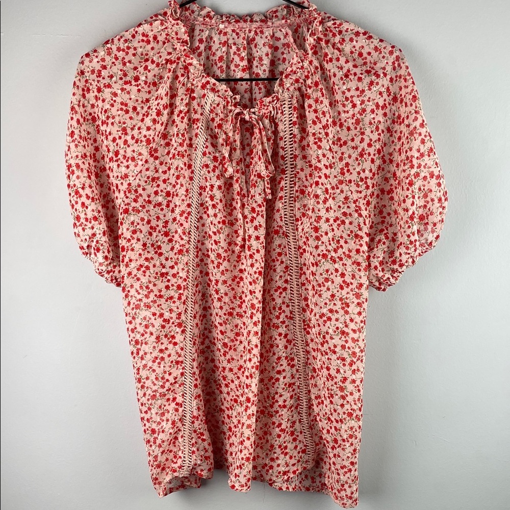 Red Floral Tie-Neck Sheer Blouse Size L